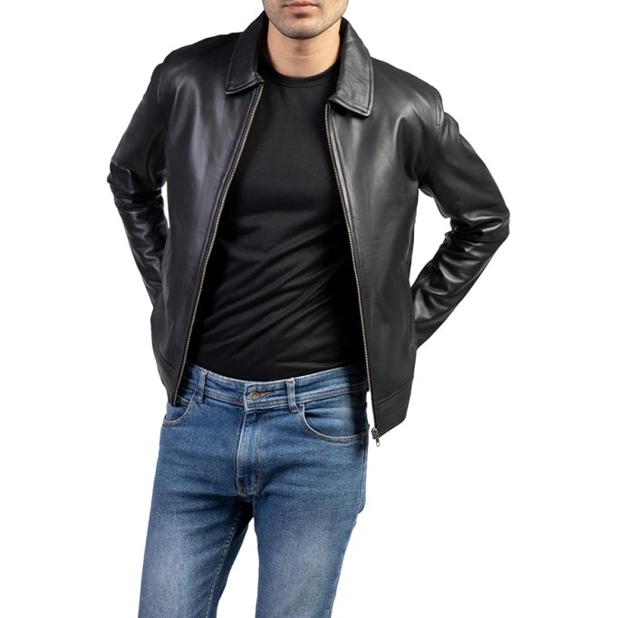 Polo Collar Premium Leather Jacket Men - Old School Classic Style Everyday Wear Real Lambskin Mens Leather Jacket