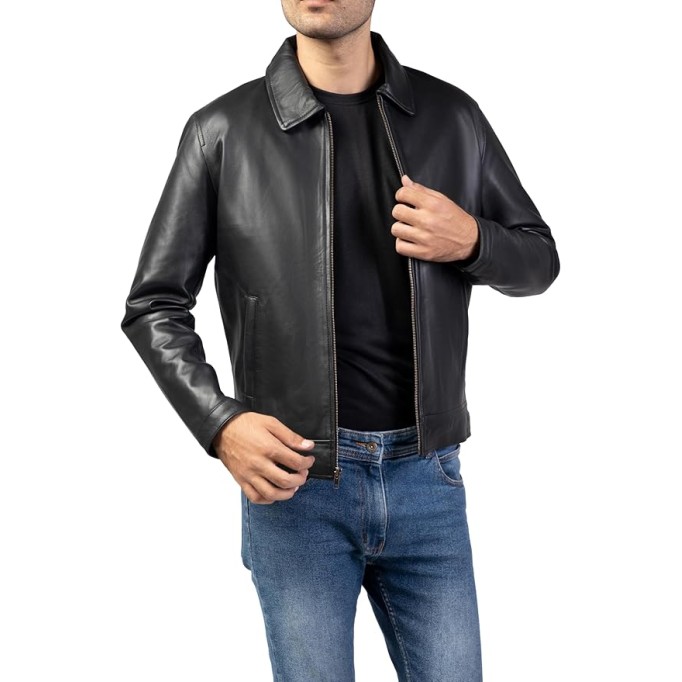 Polo Collar Premium Leather Jacket Men - Old School Classic Style Everyday Wear Real Lambskin Mens Leather Jacket