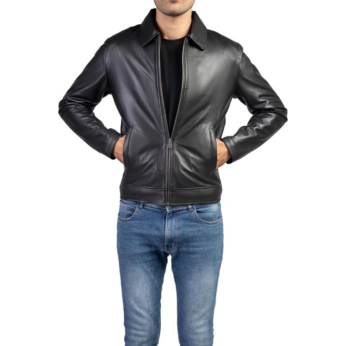 Polo Collar Premium Leather Jacket Men - Old School Classic Style Everyday Wear Real Lambskin Mens Leather Jacket