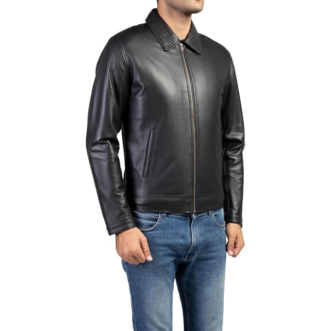 Polo Collar Premium Leather Jacket Men - Old School Classic Style Everyday Wear Real Lambskin Mens Leather Jacket