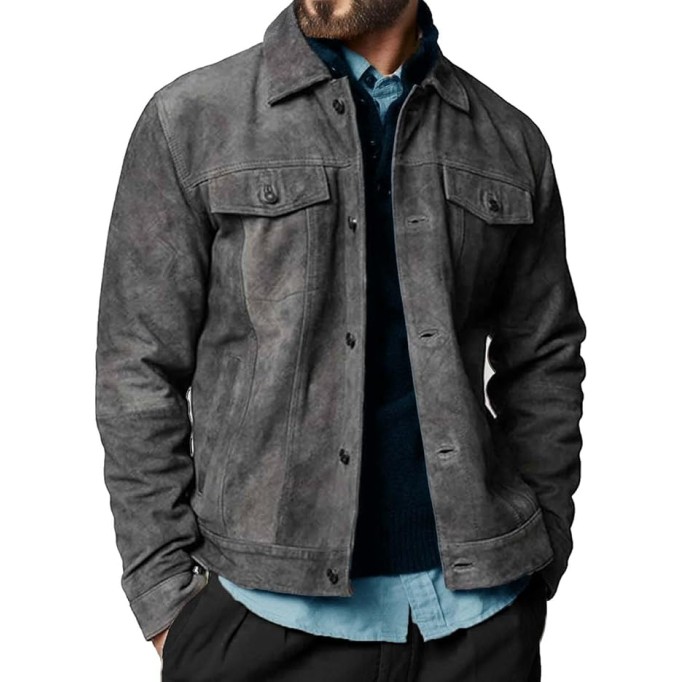 Premium Vintage Trucker Suede Leather Jacket Men Genuine Lambskin Men Leather Jackets Shirt Collar Jackets For Mens
