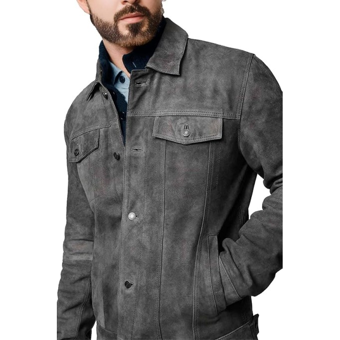 Premium Vintage Trucker Suede Leather Jacket Men Genuine Lambskin Men Leather Jackets Shirt Collar Jackets For Mens