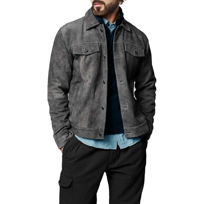 Premium Vintage Trucker Suede Leather Jacket Men Genuine Lambskin Men Leather Jackets Shirt Collar Jackets For Mens