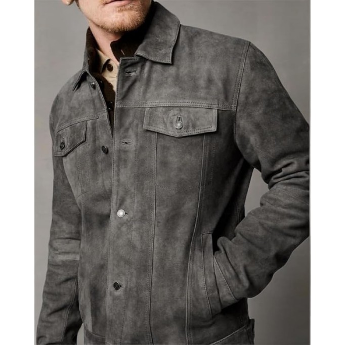 Premium Vintage Trucker Suede Leather Jacket Men Genuine Lambskin Men Leather Jackets Shirt Collar Jackets For Mens