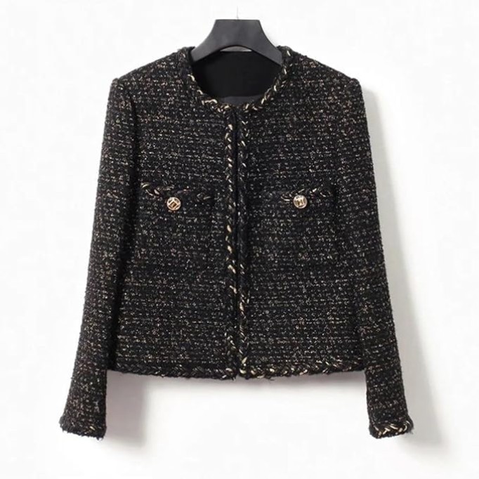 Women Black Tweed Jacket Spring/Autumn Jacket Business Ladies One Piece Classic Coat