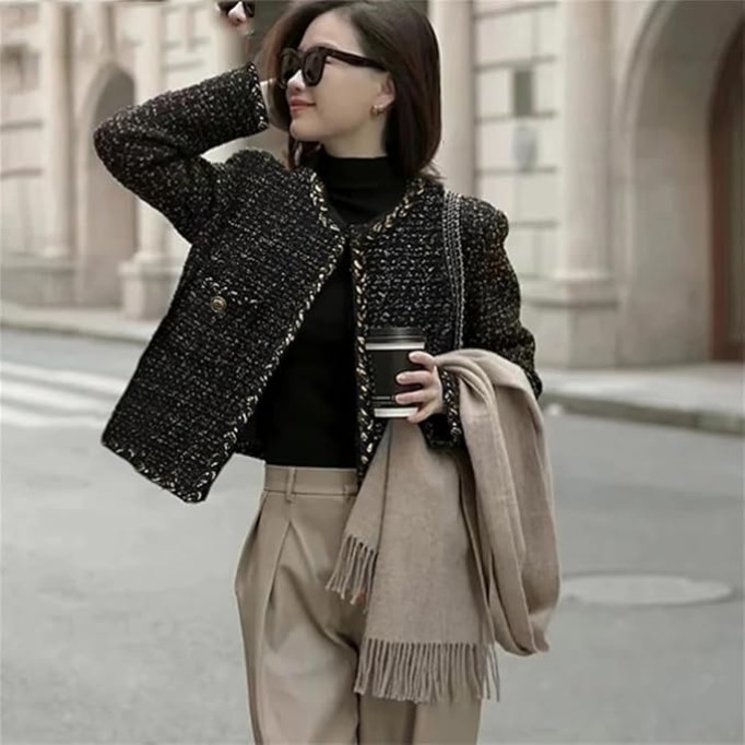 Women Black Tweed Jacket Spring/Autumn Jacket Business Ladies One Piece Classic Coat