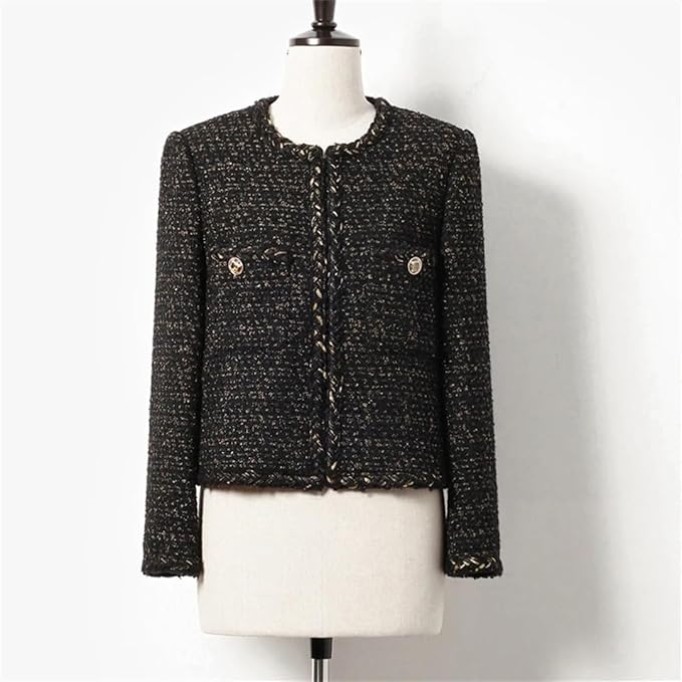 Women Black Tweed Jacket Spring/Autumn Jacket Business Ladies One Piece Classic Coat