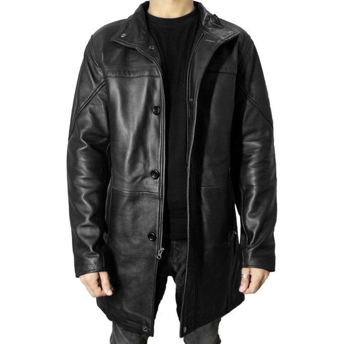 Leather Car Coat For Men 3/4 Length Mens Trench Coat - Real Lambskin Long Jacket For