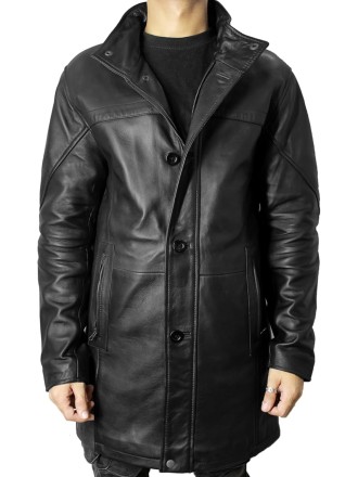 Leather Car Coat For Men 3/4 Length Mens Trench Coat - Real Lambskin Long Jacket For