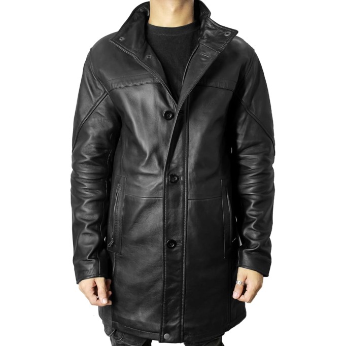 Leather Car Coat For Men 3/4 Length Mens Trench Coat - Real Lambskin Long Jacket For