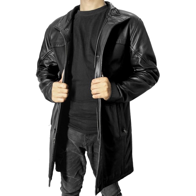 Leather Car Coat For Men 3/4 Length Mens Trench Coat - Real Lambskin Long Jacket For