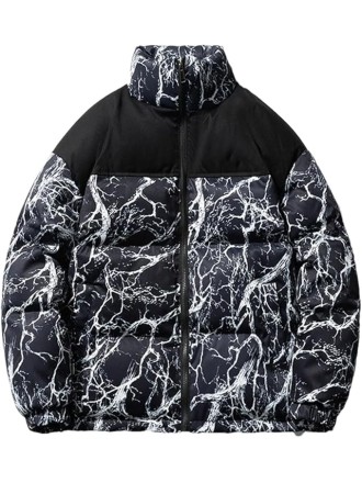 Men Print Down Jacket Coat Stand Collar Couple Oversized Zipper Warm Hip Hop Casual Jackets