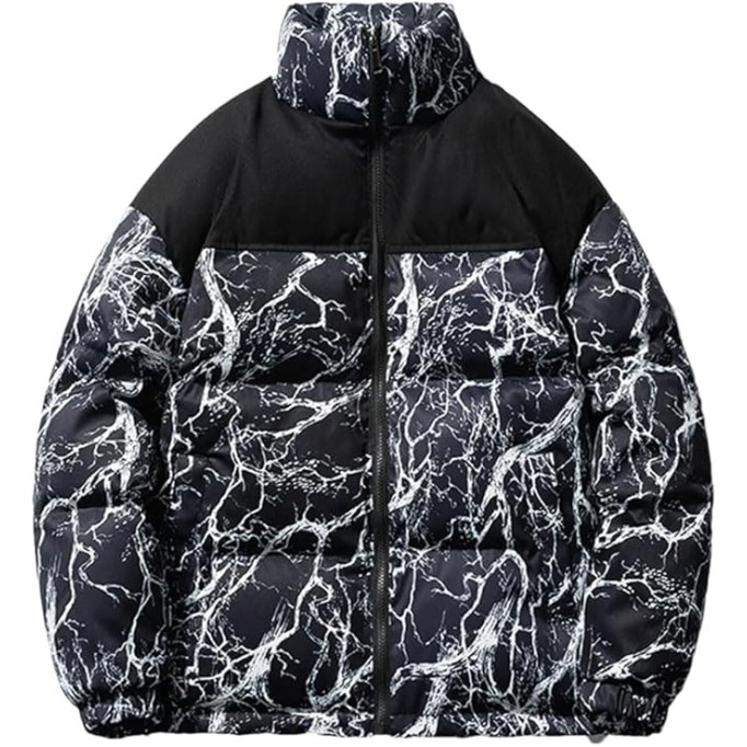 Men Print Down Jacket Coat Stand Collar Couple Oversized Zipper Warm Hip Hop Casual Jackets