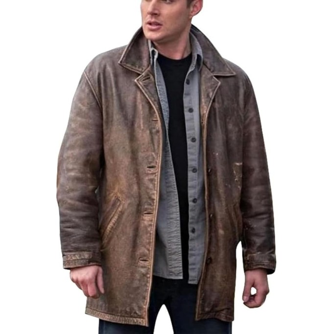 Men's 3/4 Mid Length Genuine Leather Trench Coat - Dean Winchester Vintage Leather Blazer Jacket Car Coat