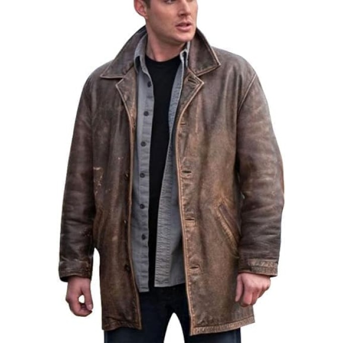 Men's 3/4 Mid Length Genuine Leather Trench Coat - Dean Winchester Vintage Leather Blazer Jacket Car Coat