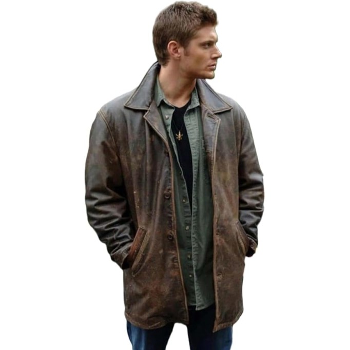Men's 3/4 Mid Length Genuine Leather Trench Coat - Dean Winchester Vintage Leather Blazer Jacket Car Coat