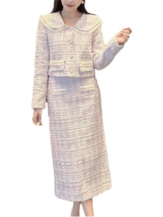 Women's Fashion Two Piece Set Tweed Jacket Coat + Skirt Set Fall Winter 2 Piece Outfits