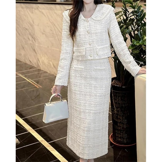 Women's Fashion Two Piece Set Tweed Jacket Coat + Skirt Set Fall Winter 2 Piece Outfits