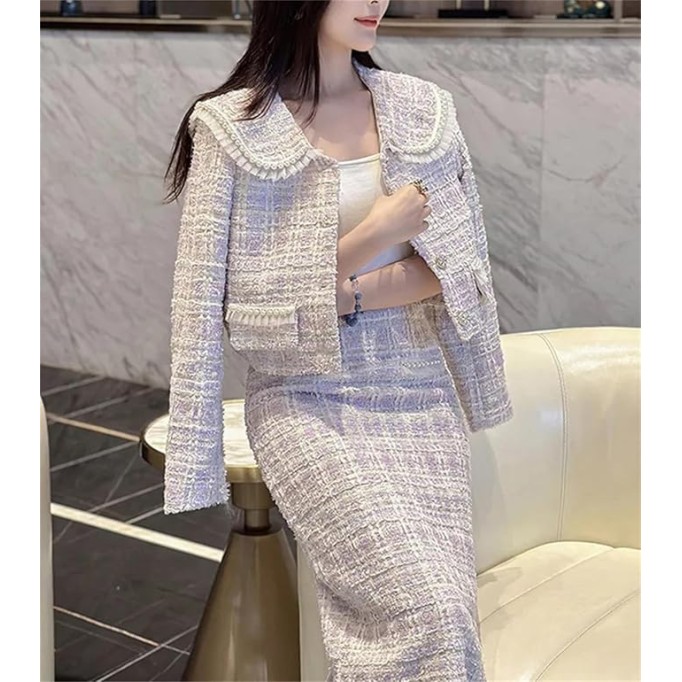 Women's Fashion Two Piece Set Tweed Jacket Coat + Skirt Set Fall Winter 2 Piece Outfits