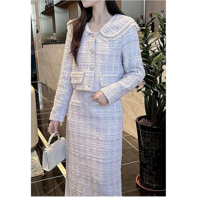 Women's Fashion Two Piece Set Tweed Jacket Coat + Skirt Set Fall Winter 2 Piece Outfits