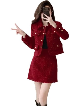 Women Coarse Tweed Coat Skirt Two-Piece Set Tassels Flip Collar Loose Skirt Suits
