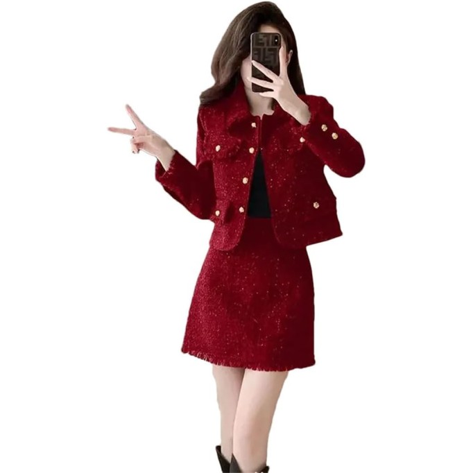 Women Coarse Tweed Coat Skirt Two-Piece Set Tassels Flip Collar Loose Skirt Suits