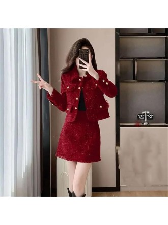Women Coarse Tweed Coat Skirt Two-Piece Set Tassels Flip Collar Loose Skirt Suits