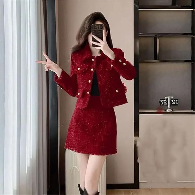 Women Coarse Tweed Coat Skirt Two-Piece Set Tassels Flip Collar Loose Skirt Suits