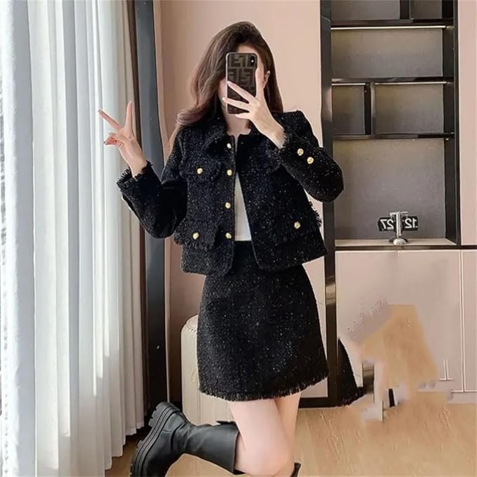 Women Coarse Tweed Coat Skirt Two-Piece Set Tassels Flip Collar Loose Skirt Suits