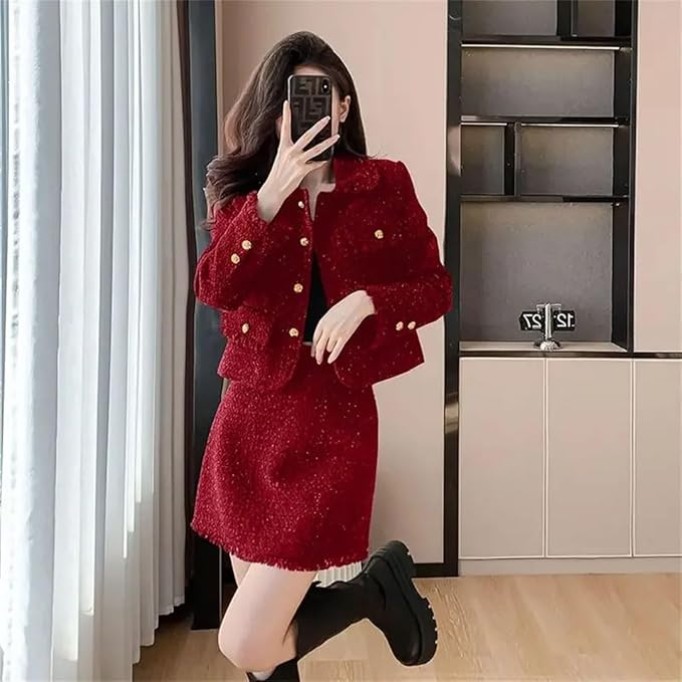 Women Coarse Tweed Coat Skirt Two-Piece Set Tassels Flip Collar Loose Skirt Suits