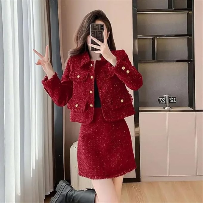 Women Coarse Tweed Coat Skirt Two-Piece Set Tassels Flip Collar Loose Skirt Suits