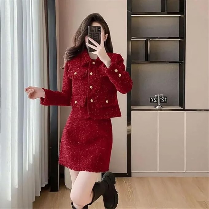 Women Coarse Tweed Coat Skirt Two-Piece Set Tassels Flip Collar Loose Skirt Suits