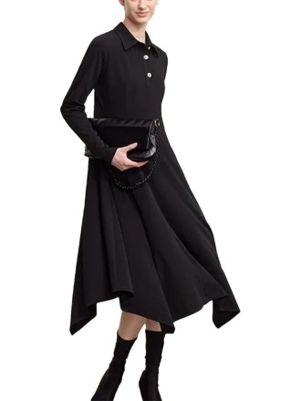 Women's Lapel Half Cardigan Dresses Irregular Hem Tunic Waist Long Elegant Office Dress