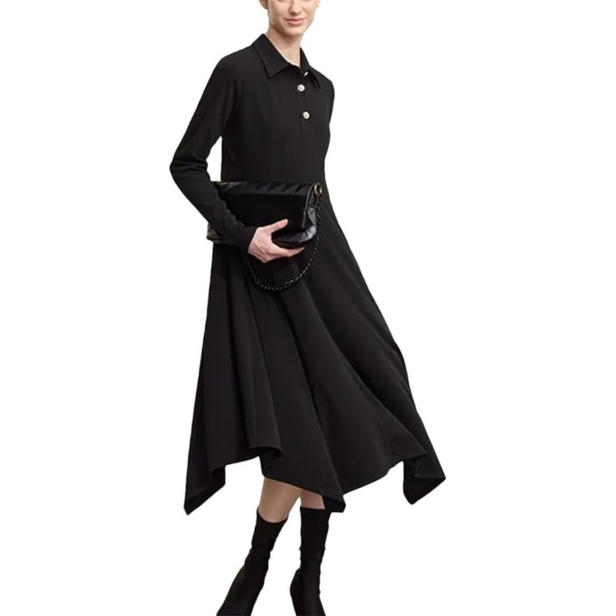 Women's Lapel Half Cardigan Dresses Irregular Hem Tunic Waist Long Elegant Office Dress