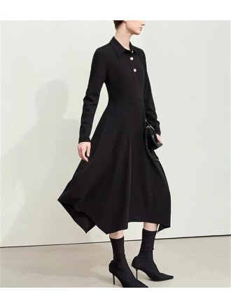 Women's Lapel Half Cardigan Dresses Irregular Hem Tunic Waist Long Elegant Office Dress