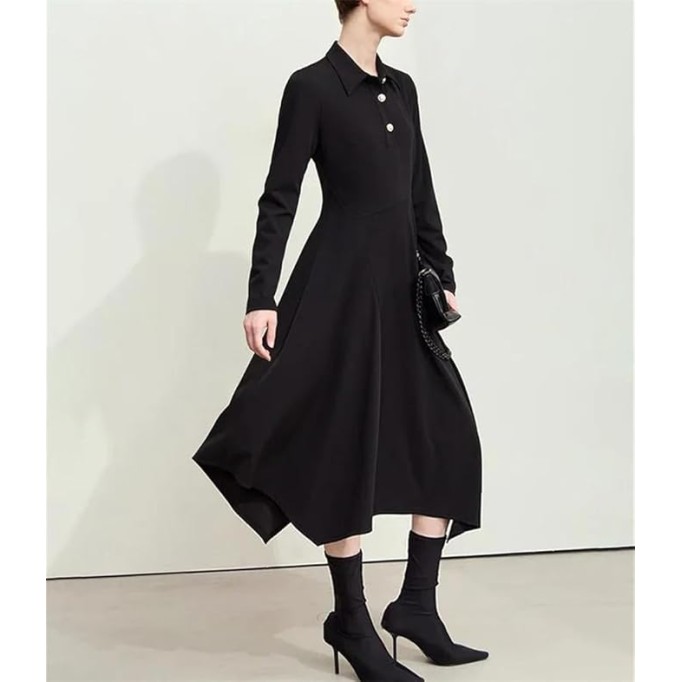 Women's Lapel Half Cardigan Dresses Irregular Hem Tunic Waist Long Elegant Office Dress