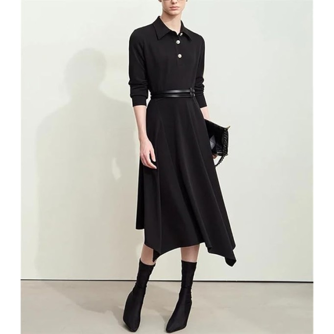 Women's Lapel Half Cardigan Dresses Irregular Hem Tunic Waist Long Elegant Office Dress