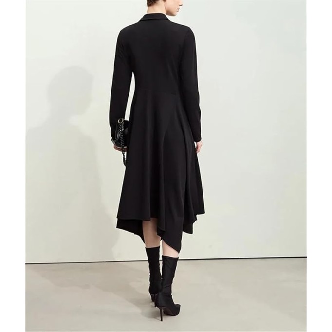 Women's Lapel Half Cardigan Dresses Irregular Hem Tunic Waist Long Elegant Office Dress