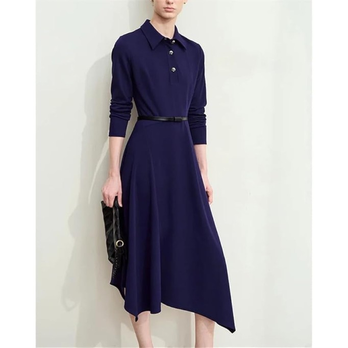 Women's Lapel Half Cardigan Dresses Irregular Hem Tunic Waist Long Elegant Office Dress