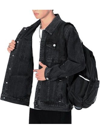 Slim Fit Black Denim Jacket Men's Casual Workwear Coat