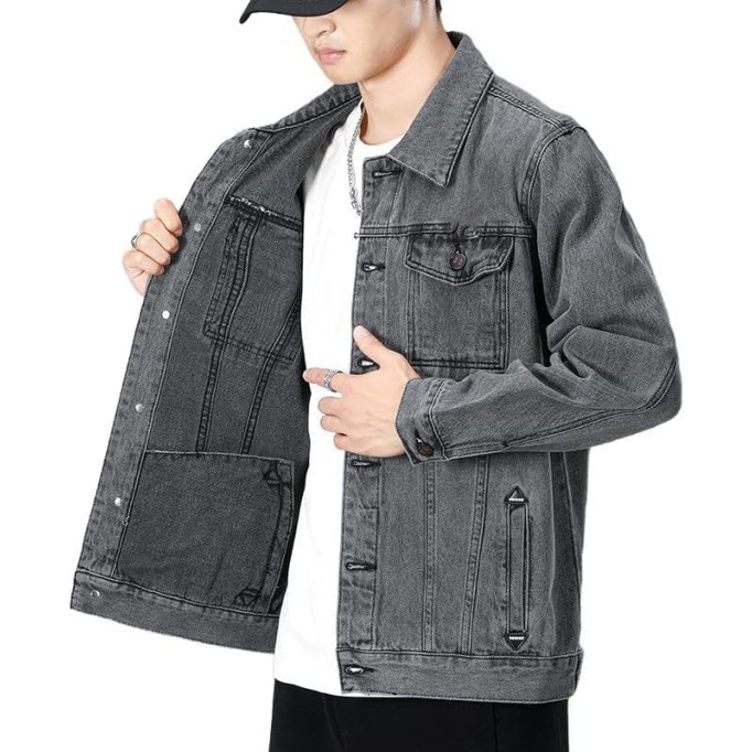 Slim Fit Black Denim Jacket Men's Casual Workwear Coat