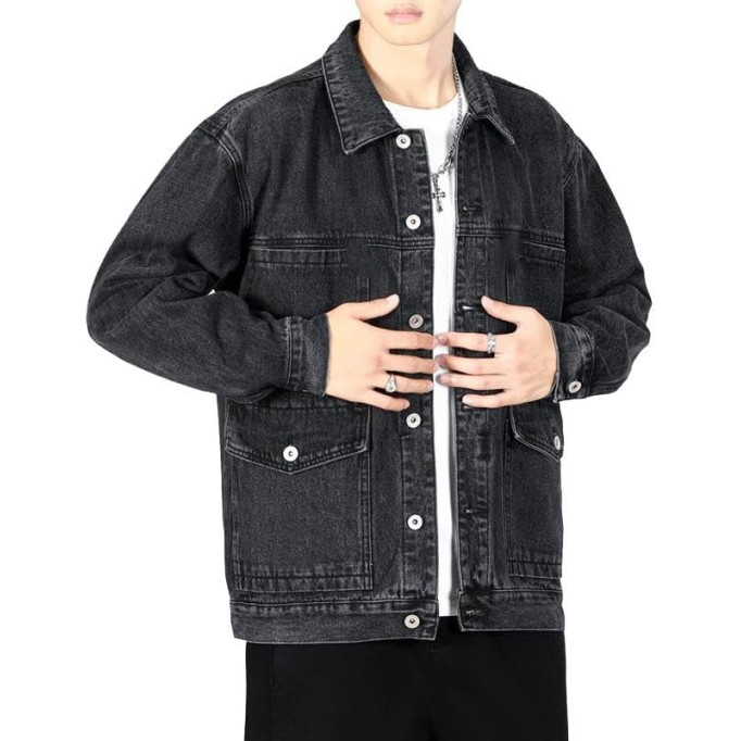 Slim Fit Black Denim Jacket Men's Casual Workwear Coat