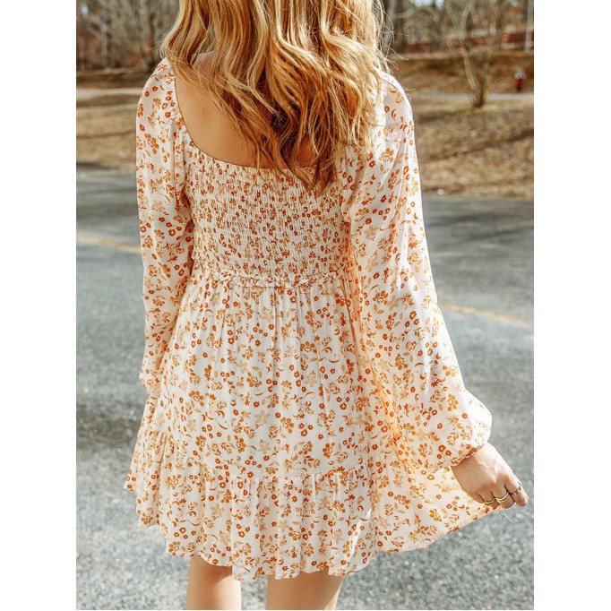 Apricot Boho Floral Smocked Puff Sleeve Mini Dress