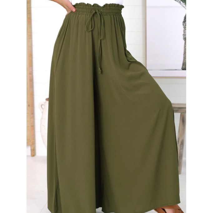 Army green cotton hemp vacation pants wide-leg pants