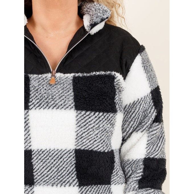 Black and white plaid patchwork zippered hoodie