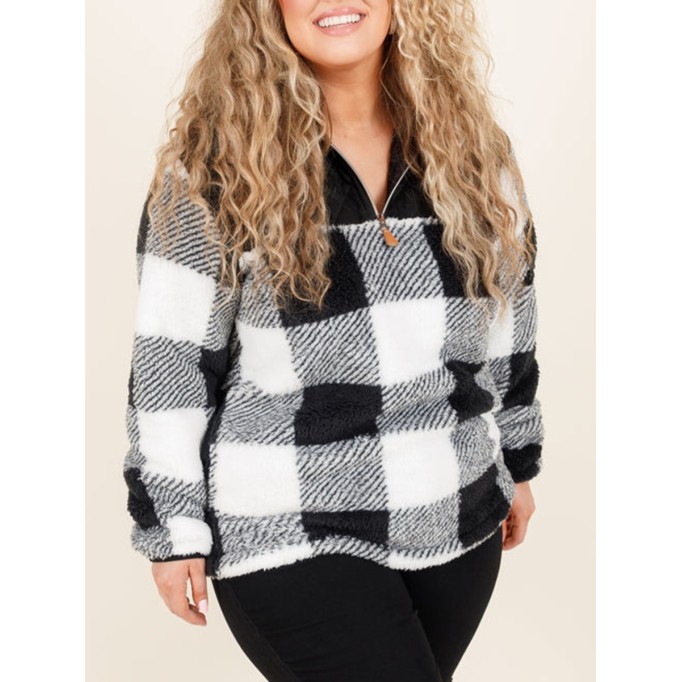 Black and white plaid patchwork zippered hoodie
