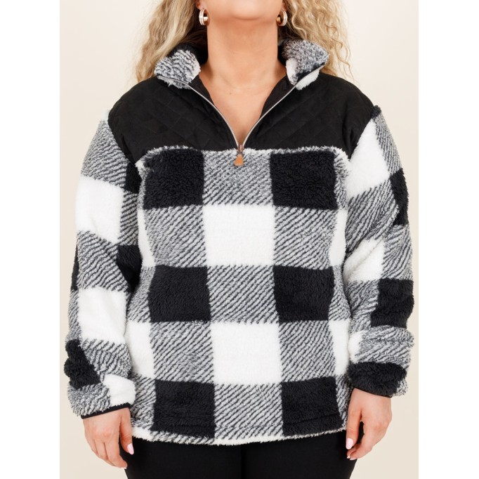 Black and white plaid patchwork zippered hoodie
