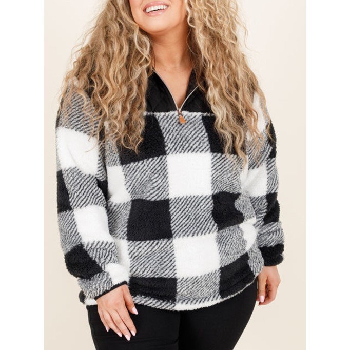 Black and white plaid patchwork zippered hoodie