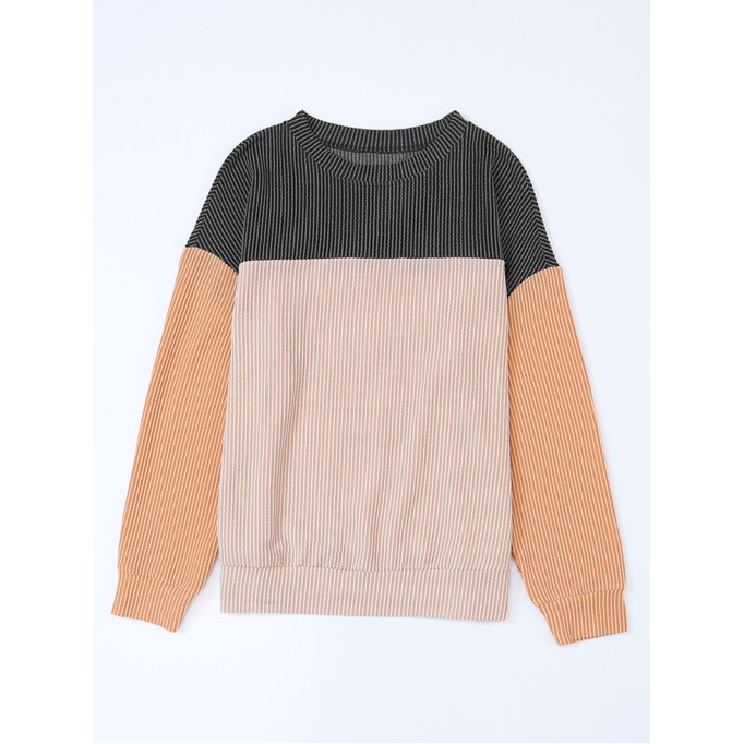 Black Color Block Long Sleeve Ribbed Loose Top