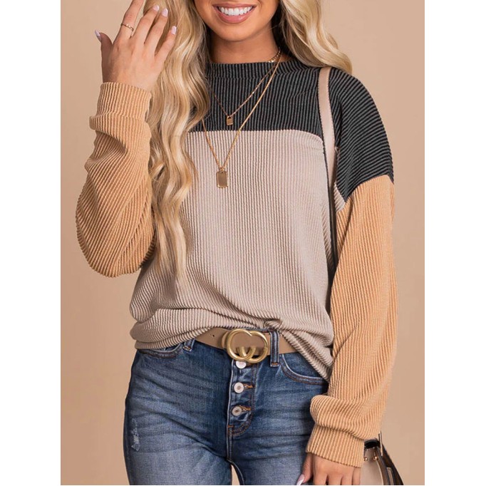 Black Color Block Long Sleeve Ribbed Loose Top
